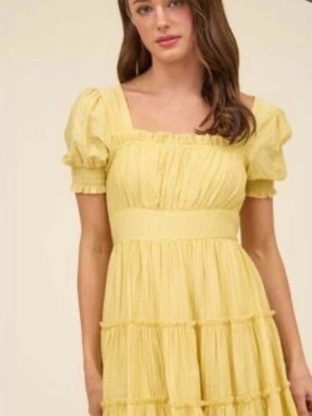 mine Yellow Puff-Sleeve Tiered Mini Dress